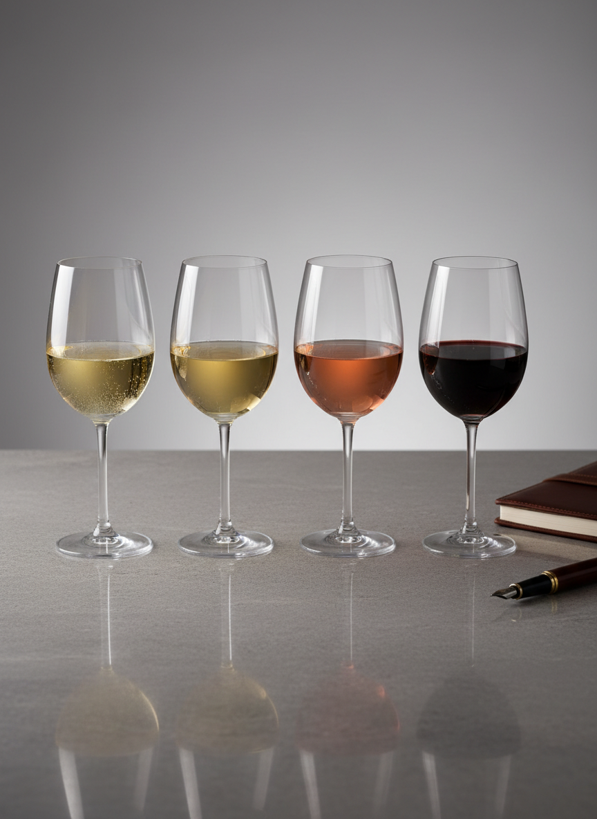 Uma composição de bancada de degustação profissional com quatro taças ISO alinhadas, cada uma contendo vinhos brasileiros de tonalidades distintas: espumante palha, branco dourado, rosé salmão e tinto rubi profundo. Ao lado, um bloco de anotações de capa em couro marrom-escuro e uma caneta estilográfica repousam ordenadamente. A superfície é de pedra cinza polida, refletindo levemente as bases das taças. A luz é de estúdio, suave e frontal, sem sombras duras, valorizando a transparência dos vinhos e a pureza do cristal. A composição é simétrica, com foco total e nitidez clínica, transmitindo rigor técnico, sofisticação e atmosfera de revista especializada em vinhos.
