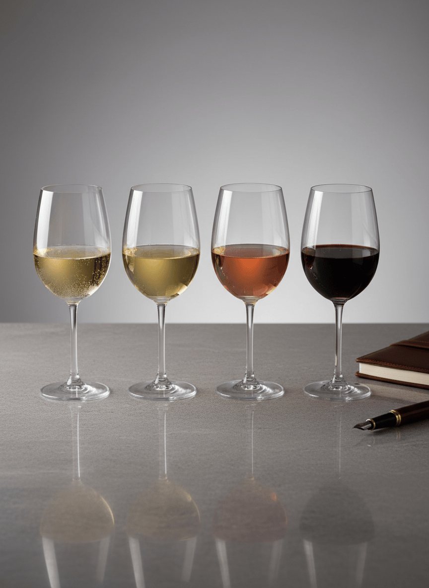 Uma composição de bancada de degustação profissional com quatro taças ISO alinhadas, cada uma contendo vinhos brasileiros de tonalidades distintas: espumante palha, branco dourado, rosé salmão e tinto rubi profundo. Ao lado, um bloco de anotações de capa em couro marrom-escuro e uma caneta estilográfica repousam ordenadamente. A superfície é de pedra cinza polida, refletindo levemente as bases das taças. A luz é de estúdio, suave e frontal, sem sombras duras, valorizando a transparência dos vinhos e a pureza do cristal. A composição é simétrica, com foco total e nitidez clínica, transmitindo rigor técnico, sofisticação e atmosfera de revista especializada em vinhos.