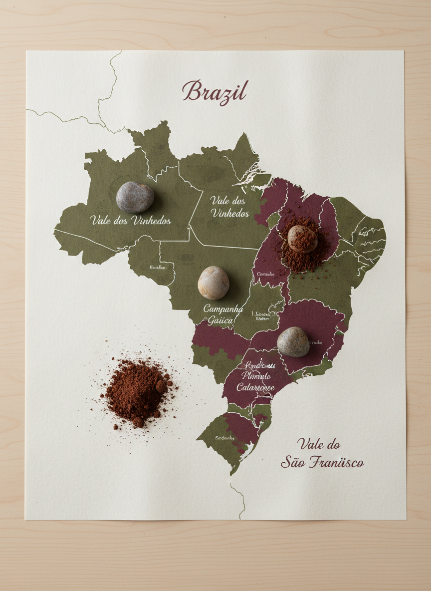 Um mapa estilizado das principais regiões vitivinícolas do Brasil, impresso em papel algodonado de textura fina, em tons sóbrios de bege, verde-oliva e vinho profundo. O mapa está estendido sobre uma mesa de madeira clara, com pequenas pedras de rios e fragmentos de solo vermelho encostados sobre áreas marcando Vale dos Vinhedos, Campanha Gaúcha, Planalto Catarinense e Vale do São Francisco. A luz é suave e difusa, como num dia nublado, enfatizando a textura do papel e do solo. A composição é vista de cima, em visão de pássaro, com foco uniforme em todo o quadro, transmitindo sensação de estudo, terroir e cartografia precisa, em estética fotográfica sofisticada e serena.
