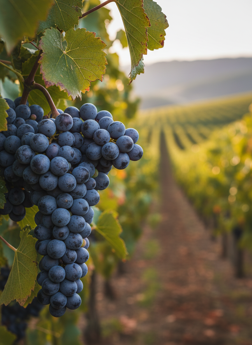 Um close fotográfico de um cacho de uvas tintas maduras de variedade brasileira, com bagos azul-escuros cobertos por fina camada de pruína, pendendo de um vinhedo bem manejado. As folhas apresentam tons de verde intenso com toques de bordô nas bordas, indicando maturação perfeita. Ao fundo, fileiras ordenadas de vinhas se perdem em direção a suaves colinas. A luz é de golden hour, quente e lateral, desenhando contornos delicados e criando brilhos sutis nas gotas de orvalho. A profundidade de campo é rasa, com o cacho em foco cristalino e o fundo em bokeh cremoso. A atmosfera é elegante, contemplativa e natural, em realismo fotográfico rico em textura.