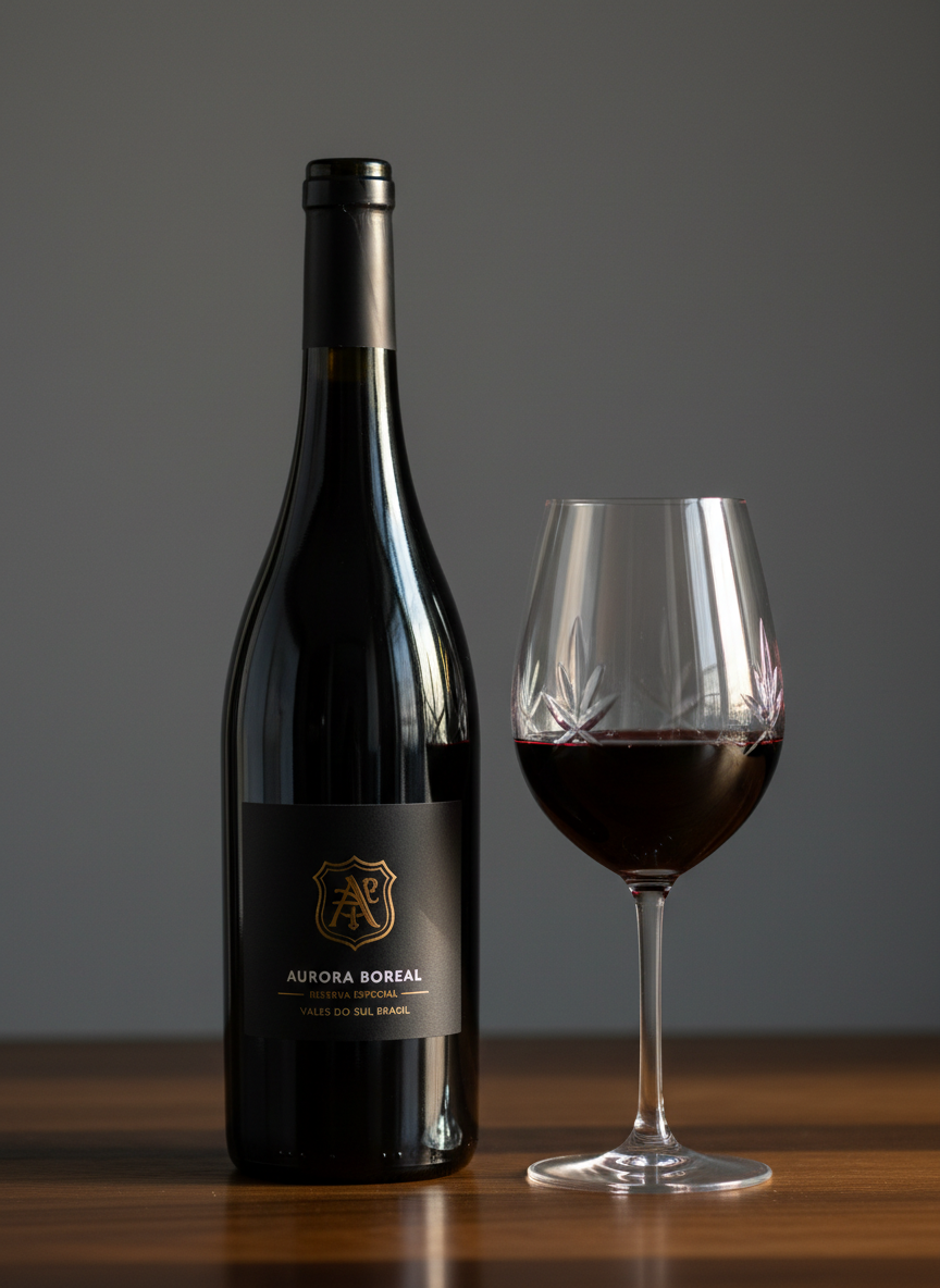 Uma garrafa de vinho brasileiro de alta gama, em vidro escuro elegante com rótulo minimalista em preto e dourado, repousa ao lado de uma taça de cristal finamente lapidada cheia até um terço com tinto rubi profundo. Estão dispostos sobre uma mesa de madeira nobre com veios marcantes, em frente a um fundo neutro em cinza grafite levemente desfocado. A luz é de fim de tarde, lateral, criando reflexos suaves no vidro e brilhos controlados no vinho. A atmosfera é sofisticada, silenciosa e contemplativa. Composição em regra dos terços, foco nítido na garrafa e na taça, fundo com bokeh discreto, em estilo de realismo fotográfico limpo e editorial.