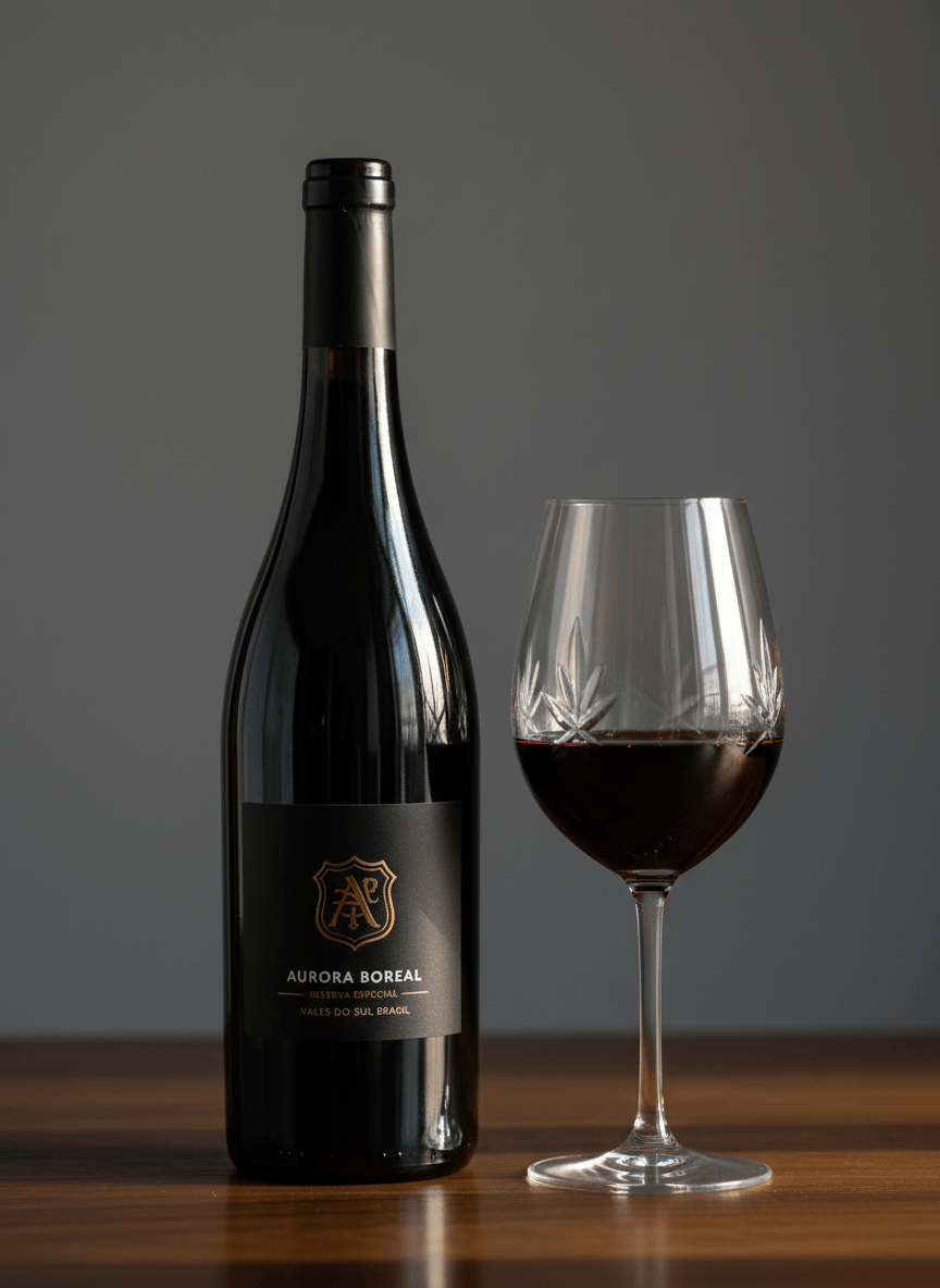 Uma garrafa de vinho brasileiro de alta gama, em vidro escuro elegante com rótulo minimalista em preto e dourado, repousa ao lado de uma taça de cristal finamente lapidada cheia até um terço com tinto rubi profundo. Estão dispostos sobre uma mesa de madeira nobre com veios marcantes, em frente a um fundo neutro em cinza grafite levemente desfocado. A luz é de fim de tarde, lateral, criando reflexos suaves no vidro e brilhos controlados no vinho. A atmosfera é sofisticada, silenciosa e contemplativa. Composição em regra dos terços, foco nítido na garrafa e na taça, fundo com bokeh discreto, em estilo de realismo fotográfico limpo e editorial.
