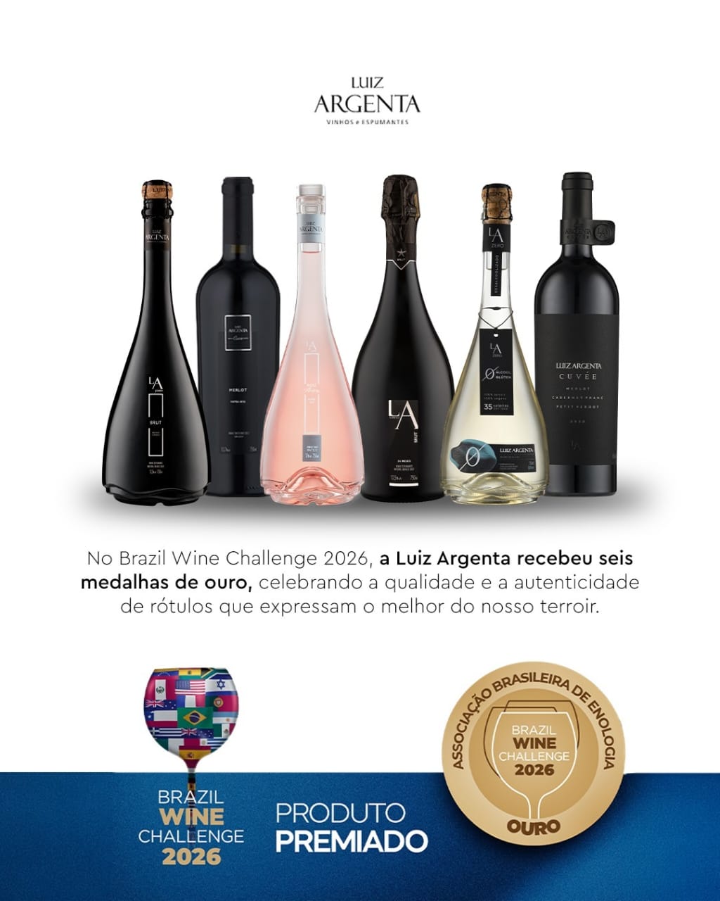 Vinhos e espumantes Luiz Argenta premiados com seis medalhas de ouro no Brazil Wine Challenge 2026